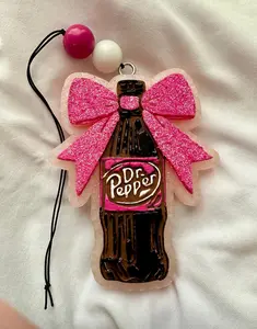 Dr Pepper + Bow Large Mirror Hanging Freshie with Charming Bow Detail for Soda Lovers Customizable Colors and Glitter Long Lasting Fragrance