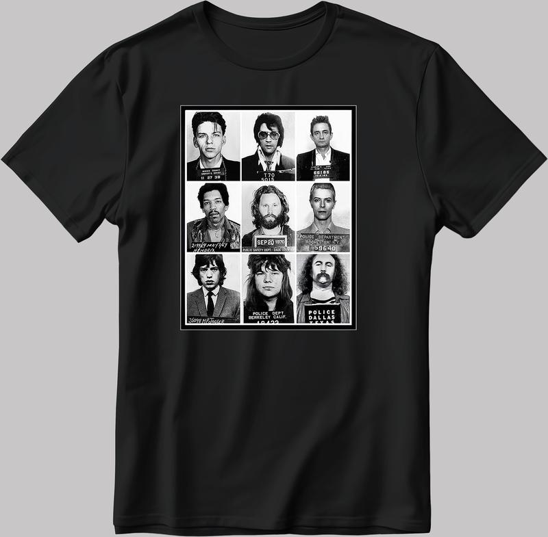 Celebrities Mugshot Rock Stars White-Black Short Sleeve Tee, Unisex Graphic T-Shirt, Trending Meme Streetwear Essential Design for Everyday F532