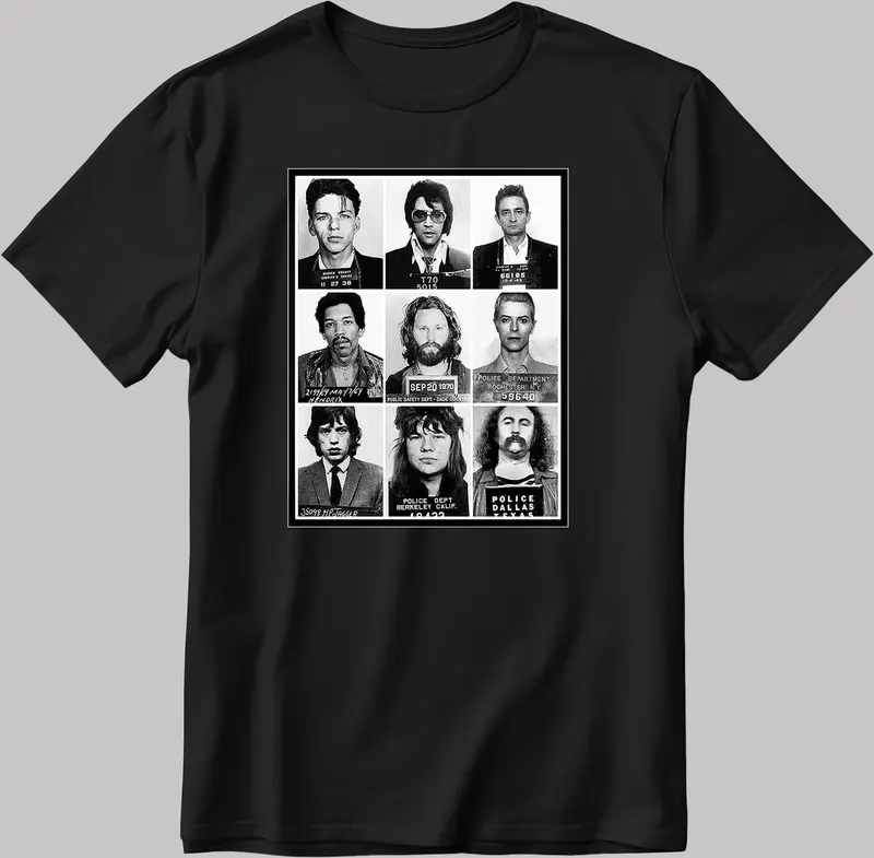 Celebrities Mugshot Rock Stars White-Black Short Sleeve Tee, Unisex Graphic T-Shirt, Trending Meme Streetwear Essential Design for Everyday F532