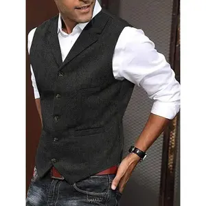 Men's Vintage Herringbone Tweed Vest - Wool Blend Retro Western Cowboy Style, Sleeveless V-Neck Waistcoat for Formal Events, Weddings, Proms, Parties, Casual Outings, Golf, and Workwear, Workwear Clothing |   Button Closure Vest |   Classic Vest Style