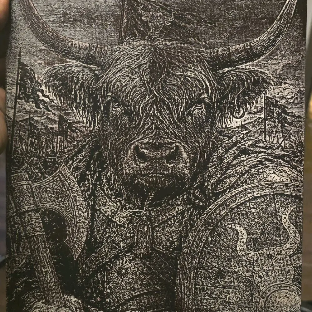 Artistic Animal Graphic Print, Laser Engraved "Battle Cow-Highland Warrior" 8x10 Home Decor Print