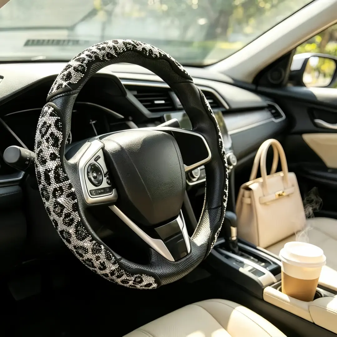 Leopard Print Steering Wheel Cover for Car Interior Accessory Enhances Grip and Style