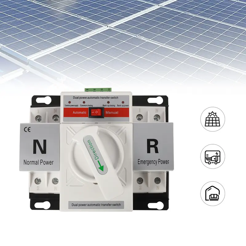 Dual-Power Automatic Transfer Switch (ATS), 1-Piece 2P 110V 50/60Hz 63A Rated Current, 2s Auto Transfer Conversion Time, Auto/Manual Mode, Red Copper Construction, Solar Power Generation Backup Ready, Home Inverter Use