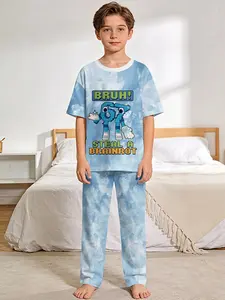 Ice Blue Pixel Digital BRUH Trendy Play 2-Piece Set: Boys' Digital Printed Short-Sleeve Pajamas with Long Sleep Pants, Flame-Retardant Fabric. A stylish, trendy, casual, comfortable and soft pajama set suitable for sleeping and home leisure. Made of 100%