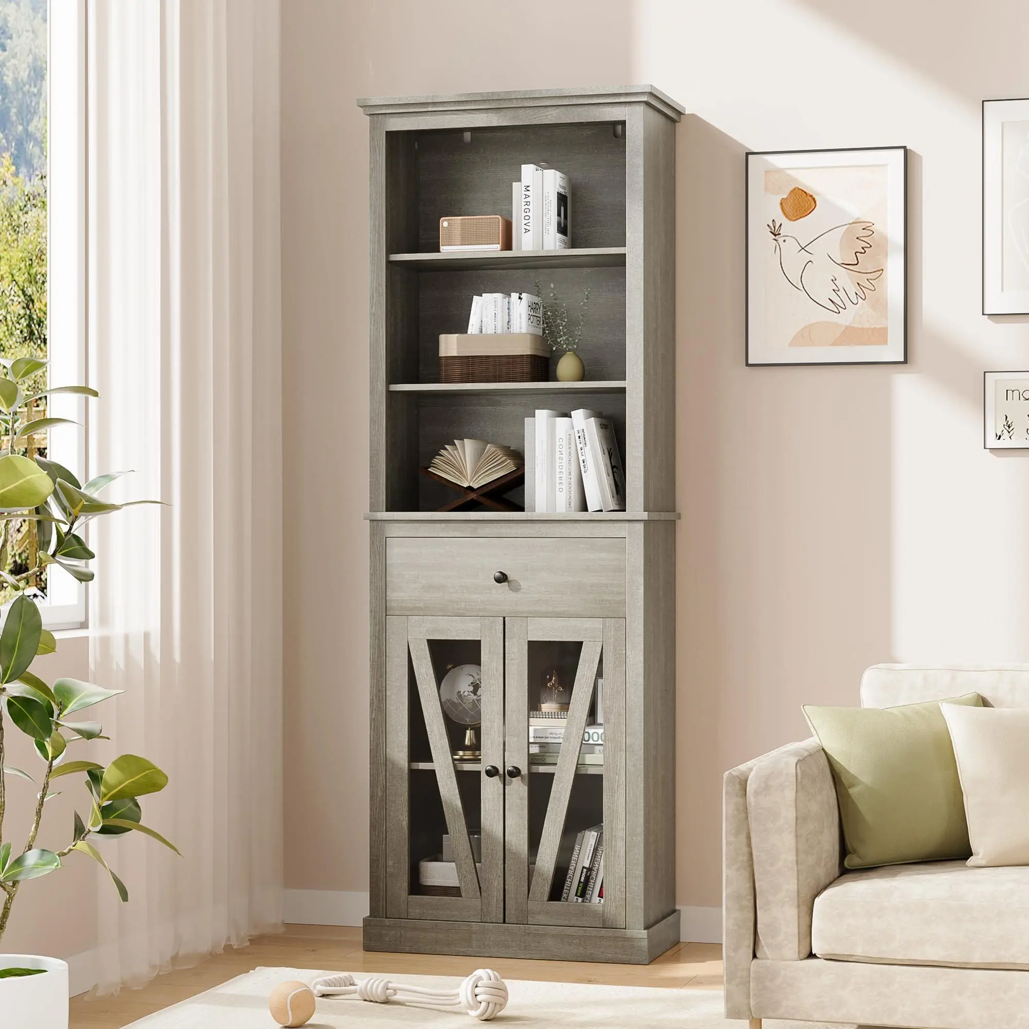 Tall Bathroom Storage Cabinet, Narrow Bathroom Bookcase with Shelves and Drawer, Farmhouse Bathroom Storage Cabinet for Bathrooms, Gray
