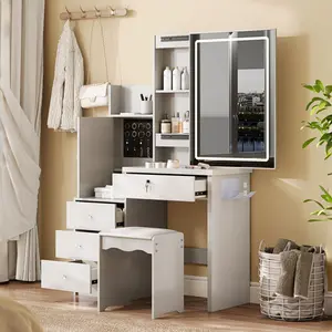 Small White Makeup Vanity Desk with LED Light Mirror, Chair, Sliding Lighted Mirror, and Charging Station, 3-Color LED Makeup Vanity Table for Women