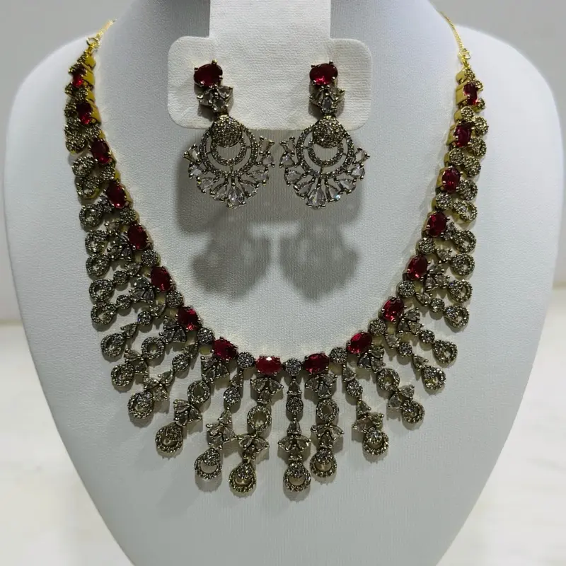 AD Necklace Set Ruby Color with Elegant Design and Sparkling Details