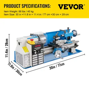 VEVOR Compact Metal Lathe, 7x14, Desktop Metalworking Lathe, 550W, Adjustable Speed up to 2250 RPM, Includes 3-jaw Chuck and Digital Display, Precision Crafting Lathe with Tool Box for Metalworki