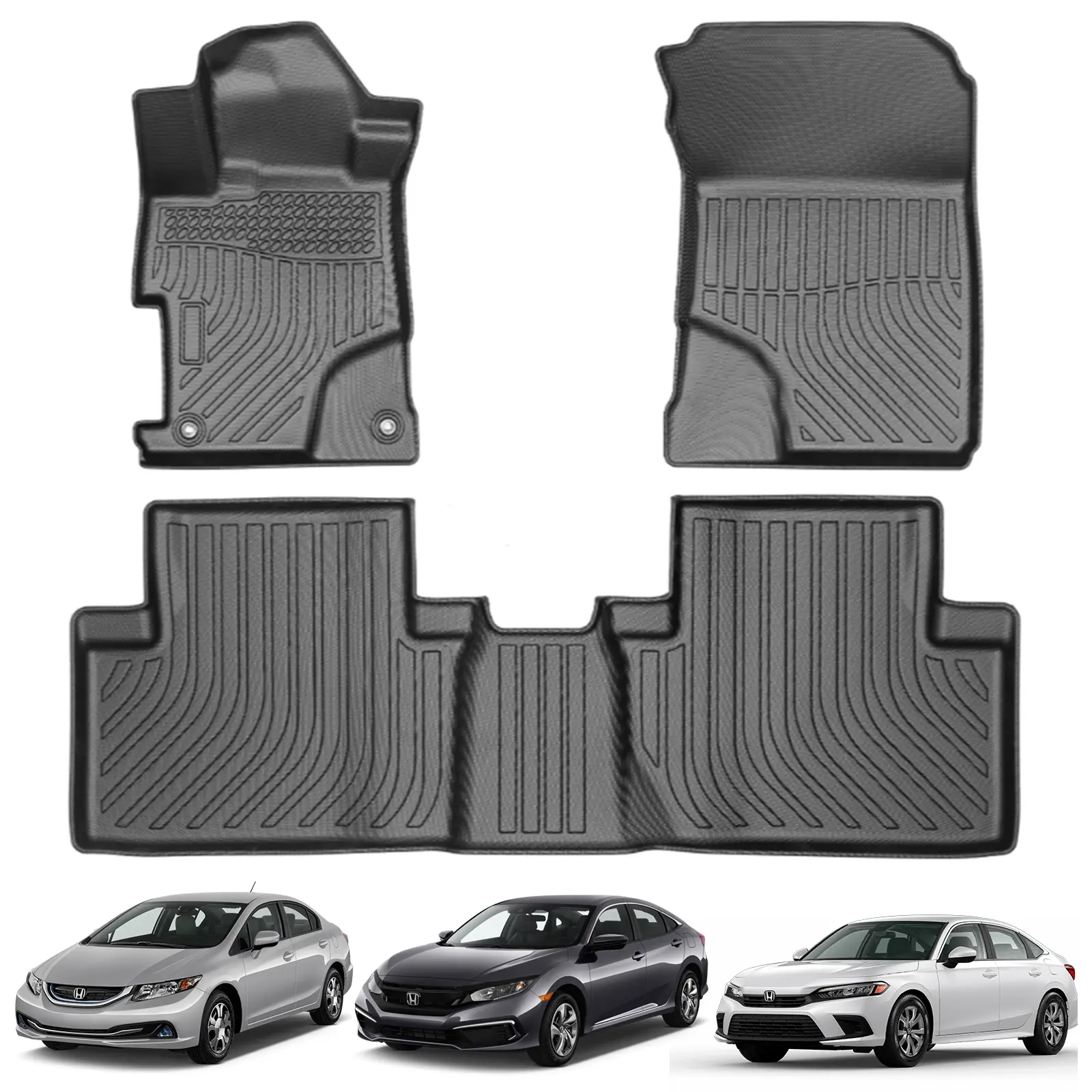 Canvcle TPE Floor Mats 2006-2011 2012-2015 2016-2021 2022-2026 Honda Civic (Not for Hybrid) All-Weather Rubber Floor Liners 3PCS or 4PCS Front & Rear Row Full Set Waterproof TPE Black Car Mats, Car Foot Mats