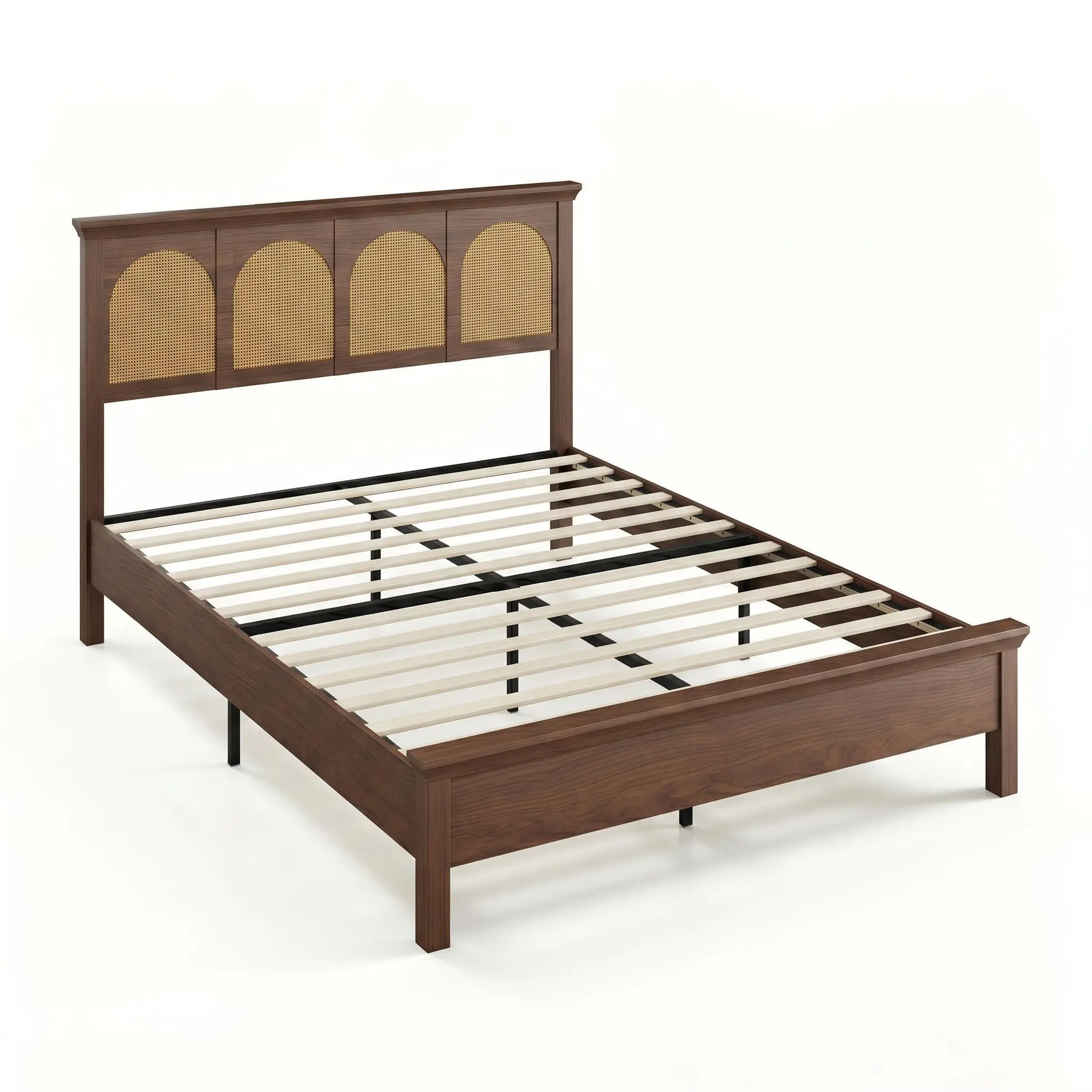 Garvee Queen Boho Rattan Bed Frame with Wooden Platform & Natural Rattan Headboard