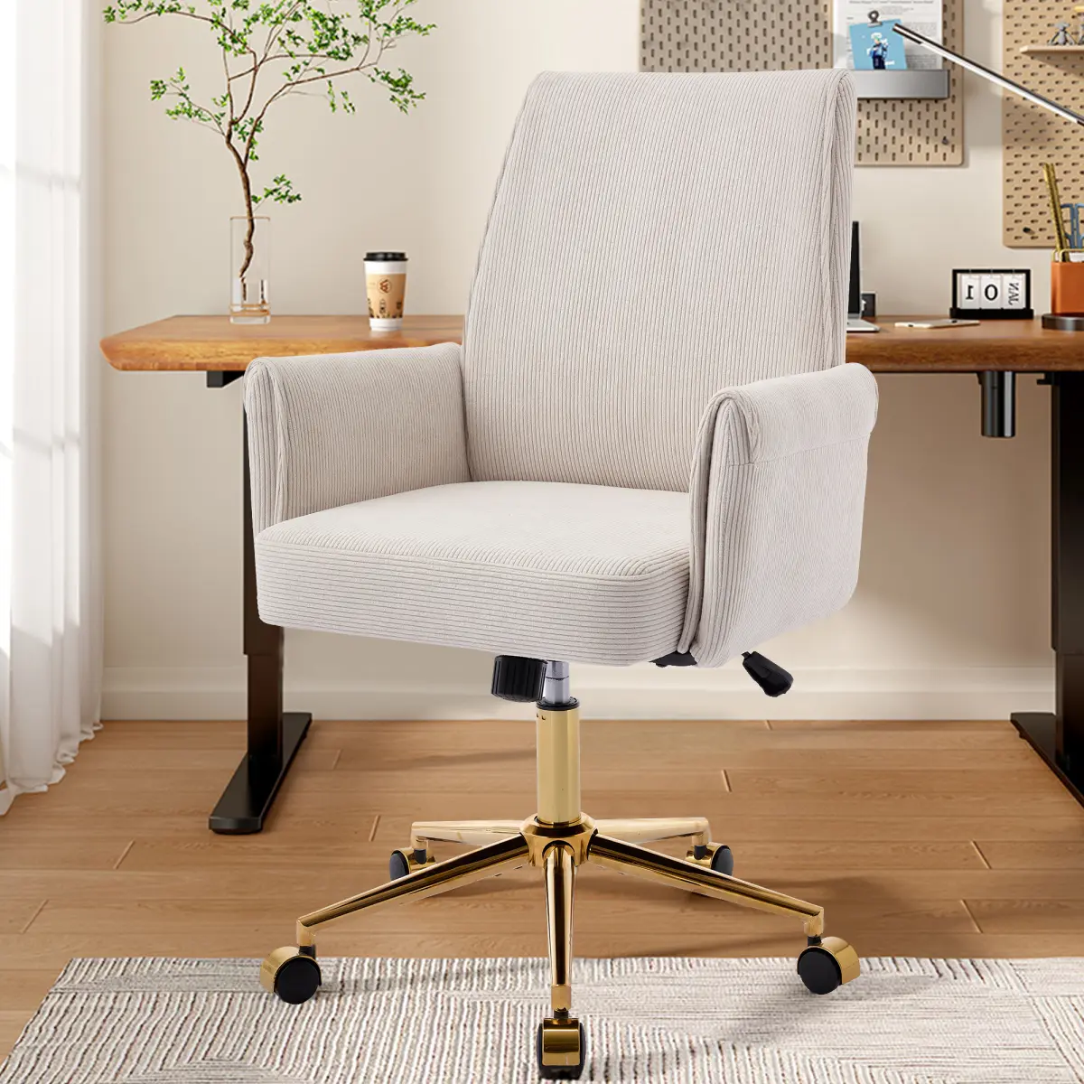 Striped Velvet Office Desk Chair 360° Swivel Ergonomic Task Chair with High Back, Gold Base and Wheels, Height Adjustable Modern Accent Chair for Home Office, Living Room, Study, Vanity Room