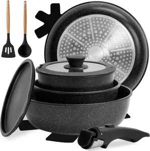 10 count Pots and Pan Set Non Stick with Detachable Handle, Ceramic Cookware Set for Stackable, Induction Kitchen Cookware Set for RV, Dishwasher  Oven Safe, Black