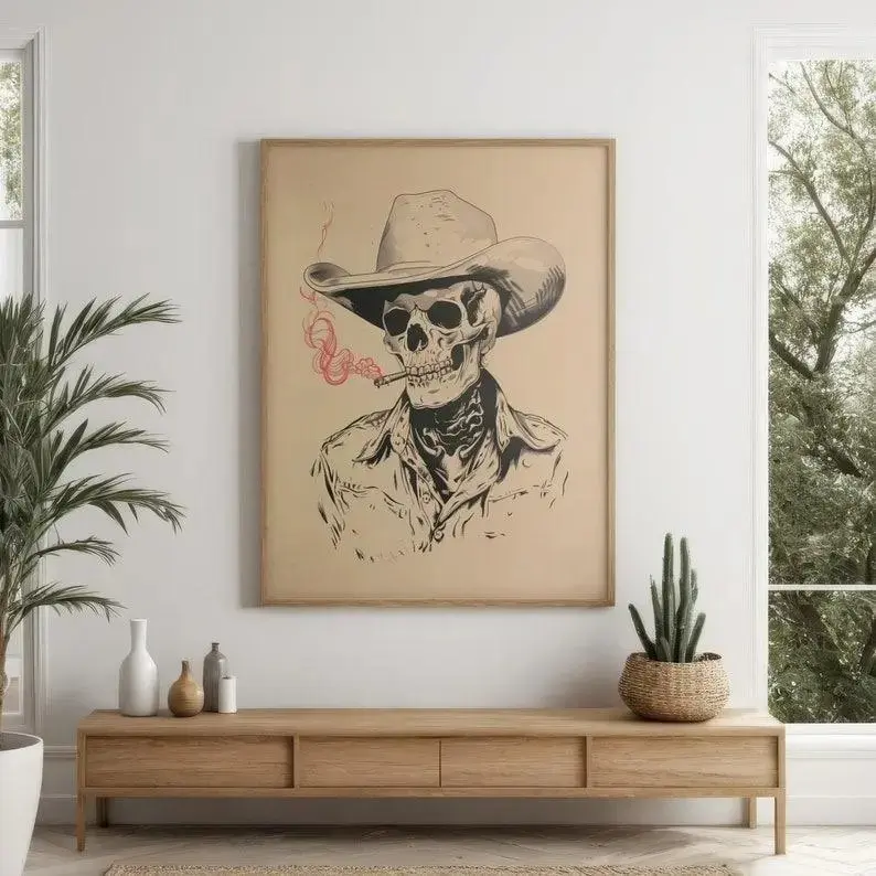 Vintage Skeleton Cowboy Poster Western Wall Art Framed High-Quality Ink Dark Academia Decor Retro Goth Gift