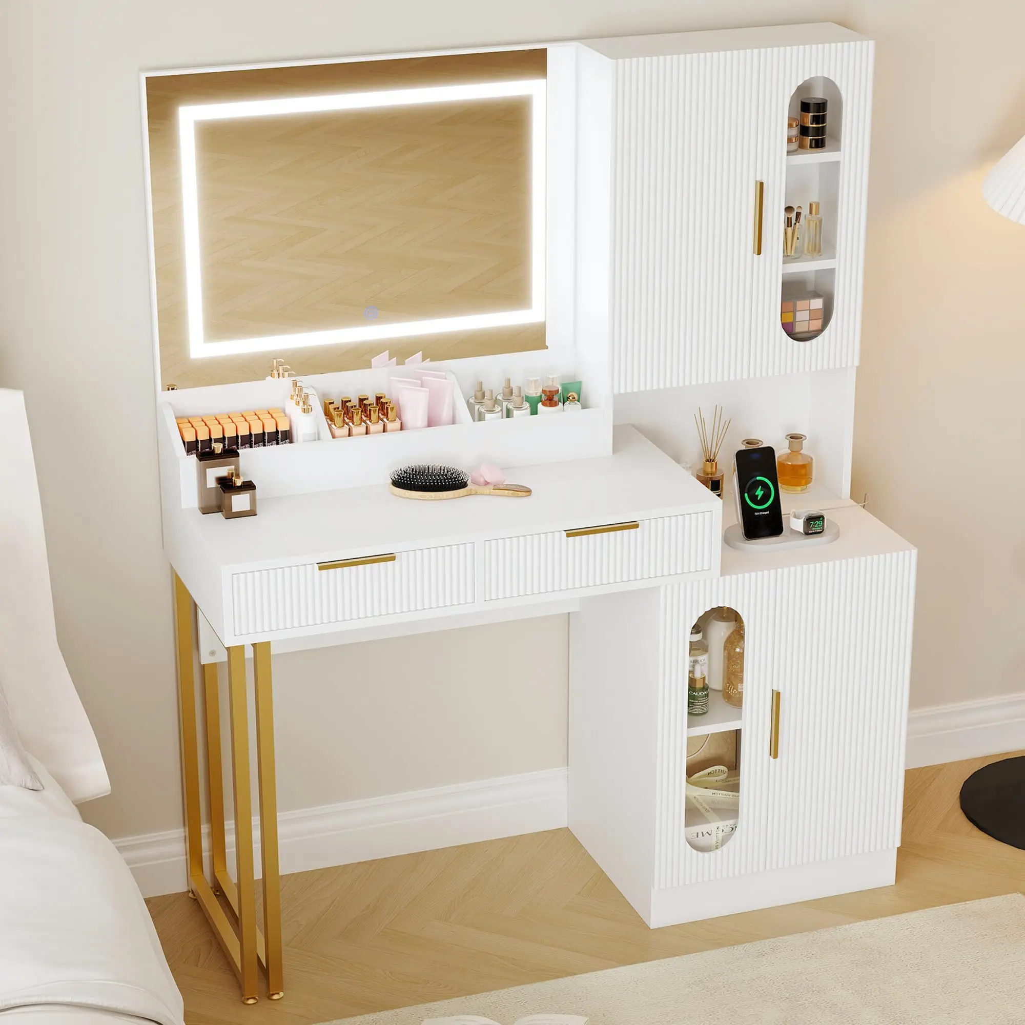 Garvee 45 in Makeup Vanity Desk with Mirror and Lights, Modern Fluted White Vanity Table with Drawers, Cabinets & Charging Station, Wooden Dressing Table for Bedroom Dorm