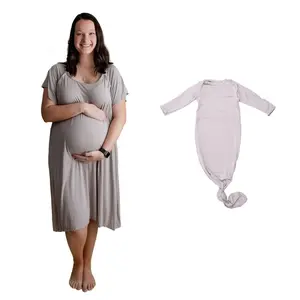 Three Little Tots Harbor Mist Maternity Labor & Delivery Mommy & Me NursingGown with Knotted Baby Gown