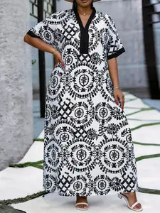 Plus Size Women's Boho Style Print V Neck Batwing Sleeve Loose Long Dress, Fashionable Beach Vacation Dress