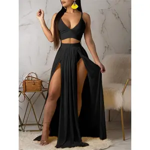 Women Sexy 2 Piece Outfits Dress Chiffon Strap Deep V Neck Bra Crop Top High Split Maxi Dresses Skirt Set Clothes Suits Black Womenswear Gamis Fitted