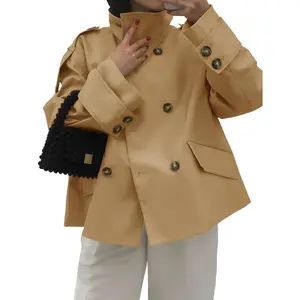 Lannew Womens Short Trench Coat Oversized Double Breasted Stand Collar Cropped Jacket Fall Casual Work Outerwear
