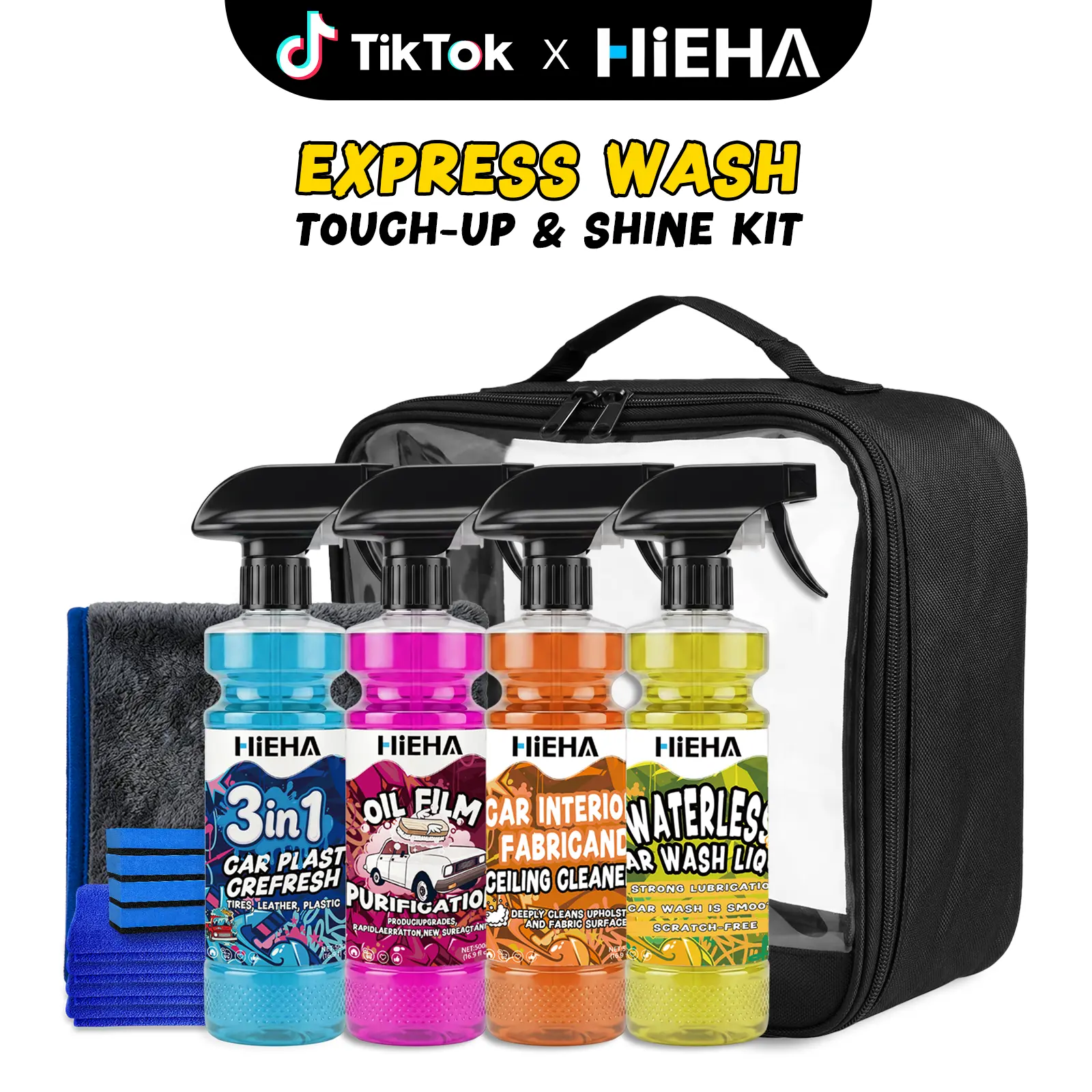 HiEHA Complete Car Cleaning Kit - 4-Pack Spray Bottles Interior/Exterior Detailing Set (Oil Film Remover, Interior Cleaner, Waterless Wash, 3-in-1 Trim Restorer), Microfiber Towels, Sponges, Storage Bag, 4x16.9 fl oz Multi-Purpose Gift for Enthusiasts