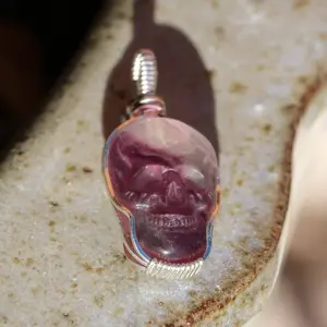 Silver Wire Wrapped Rainbow Fluorite Crystal Skull Pendant