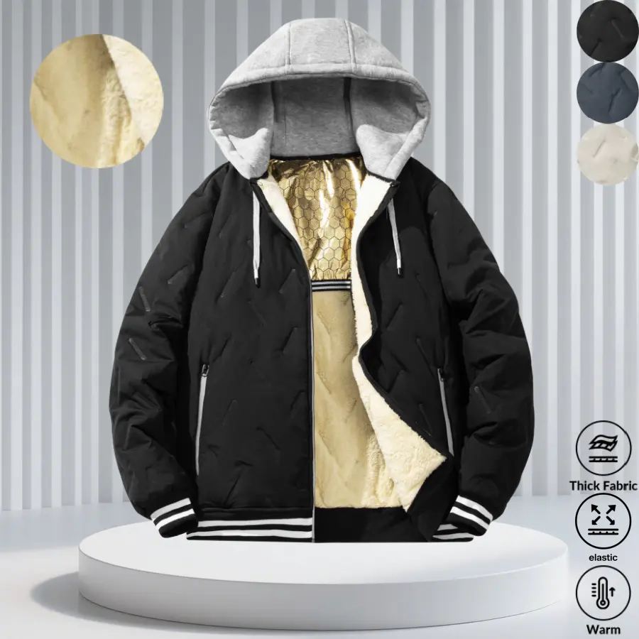 Men’s detachable hooded varsity jacket featuring heat-sealed topstitching—a mature yet casual everyday piece with a minimalist, refined look. The heat-sealed stitching securely holds the inner padding in place for long-lasting wear, preventing shifting or