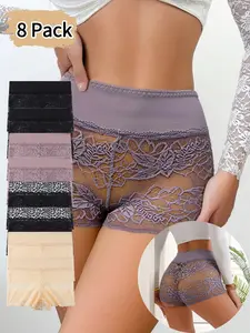 Transparent Leopard Print Sexy Lace Women's Briefs, Soft Comfortable Breathable Elegant Fashion Underwear, All Seasons 8 Pack