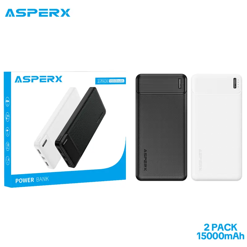 AsperX 2-Pack Compact Power Bank, 10000mAh/15000mAh Portable Battery Charger with USB Cable, 3.0A Fast Charging, Portable Power for Smartphones, Bluetooth Earbuds & Electronics