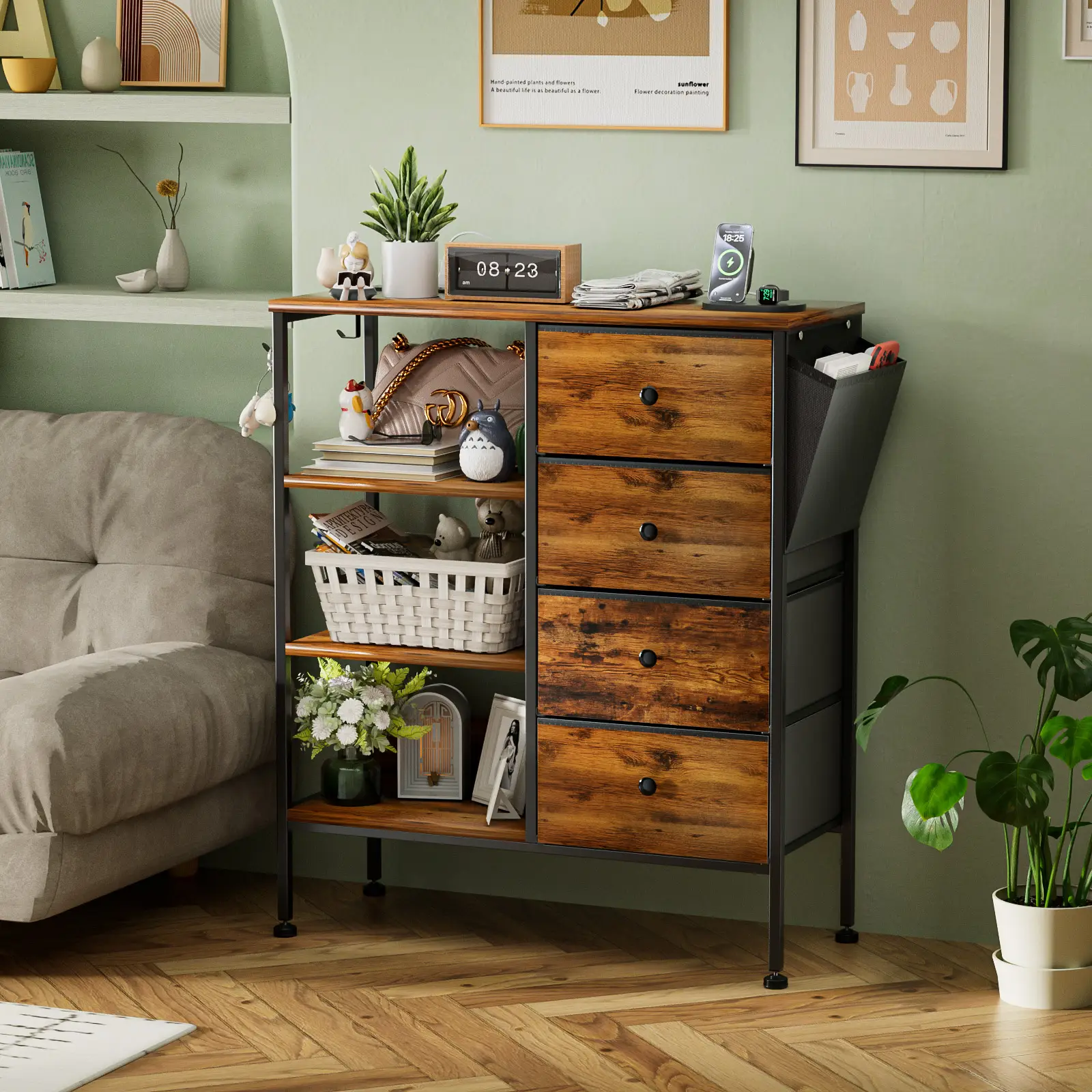 4-Drawer Dresser with Shelves, Dresser for Bedroom, LED Nightstand with Charging Station, Storage Cabinet with Hooks&Pocket Furniture Organization