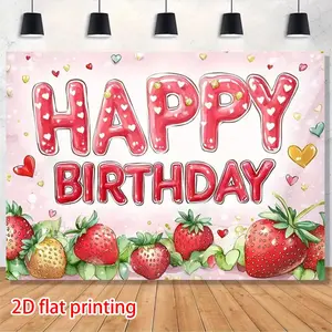 Strawberry Birthday Party Backdrop Banner, 2D Flat Design, Perfect for Celebrations & Decor, Indoor/outdoor Use, Home Decoration Essentials