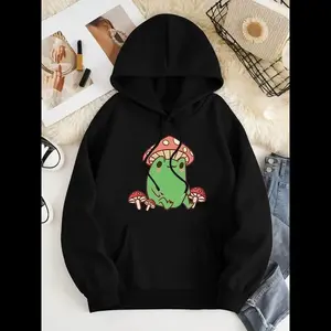 Women's Frog & Mushroom Print Drawstring Hoodie, Fashion Casual Hooded Sweatshirt for Daily Wear, Women Clothing for Fall & Winter Fabric Loose