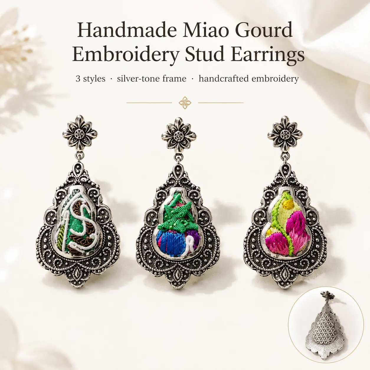 Handmade Gourd Dangle Earrings, Horsehair, Pleated and Needle-Insertion Embroidery, Handmade Textile Jewelry Gift, Whimsical Earrings, Embroidered Motifs, Ear Stacking, Culture, Handmade Pairs
