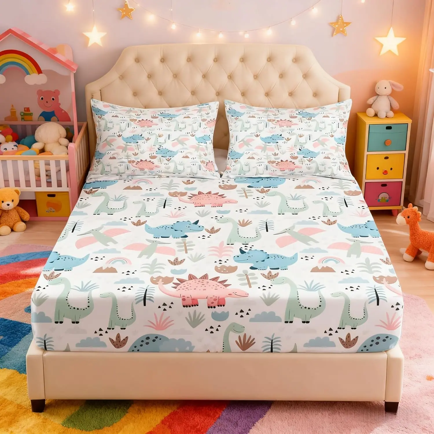 Cute Dinosaurs Fitted Sheet,Cartoon Coconut Trees Plants Bedding Set Adults Bedroom Decor,Lovely Animals Bed Cover,Colorful Sheet