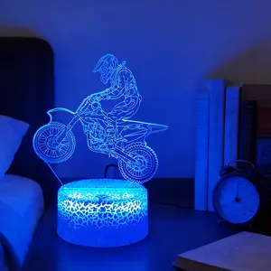 3D Dirt Bike LED Night Light Cracked Base 7 Color Changing Touch Control Illusion Lamp USB Powered Atmosphere Light Gift for Motorcycle Lovers