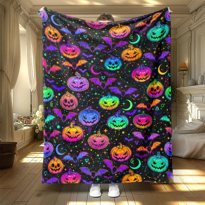 Halloween Themed Blanket, 1 Count Colorful Pumpkin Soft Warm Nap Throw Blanket, Cool Bedroom Bedding Blankets for Home Office Travel Dormitory Travel,