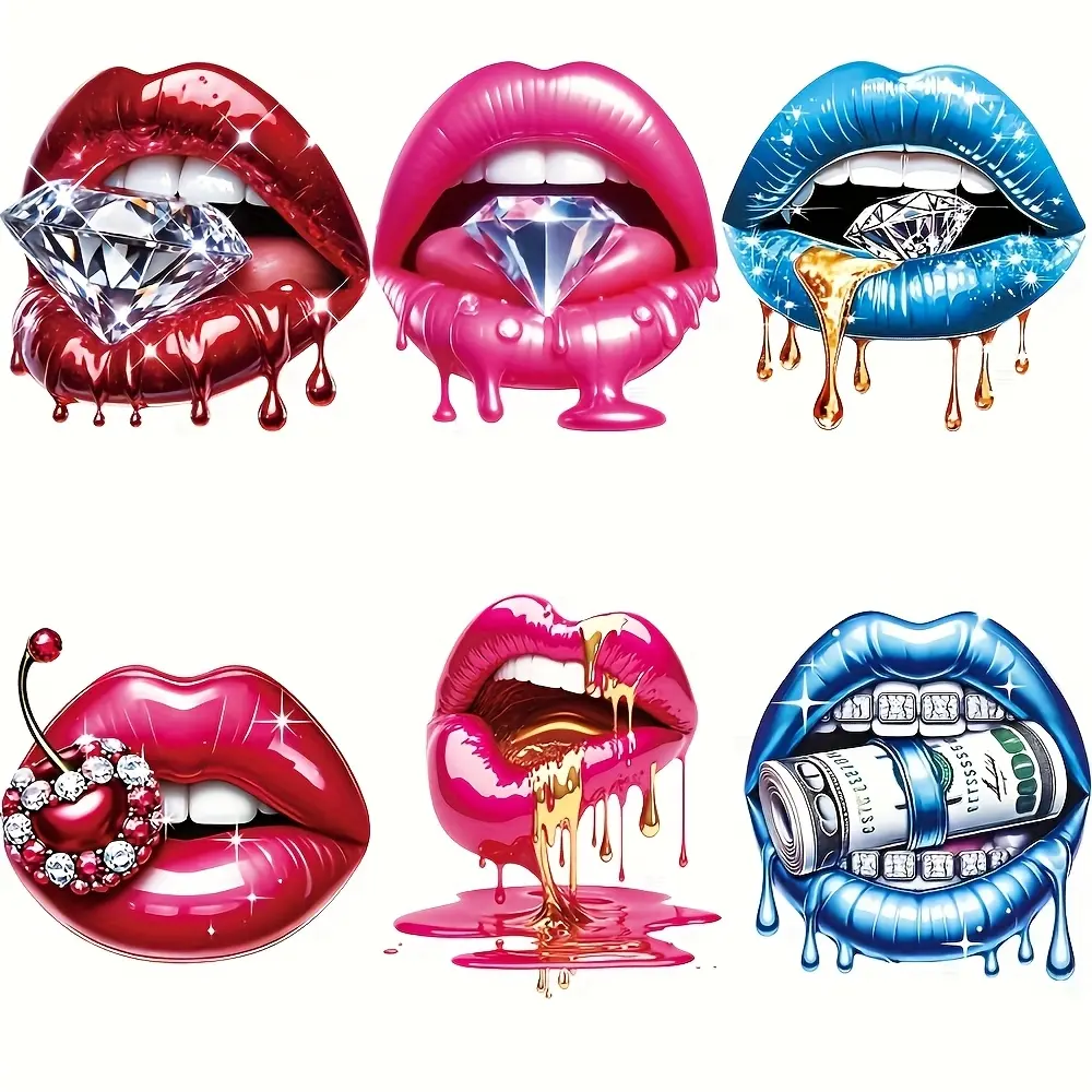 6pcs Strong Lip Design Heat Transfer Coated Stickers, Diy Decorations, Diy Craft Supplies, Large Durable Washable Iron-On Patches for T-Shirts Jeans Jackets Backpacks Clothing Hats, Diy Products