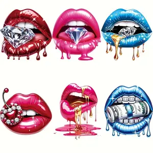 6pcs Strong Lip Design Heat Transfer Coated Stickers, DIY Material, Large Durable Washable Iron-On Patches for T-Shirts Jeans Jackets Backpacks Clothing Hats, Strong Adhesion