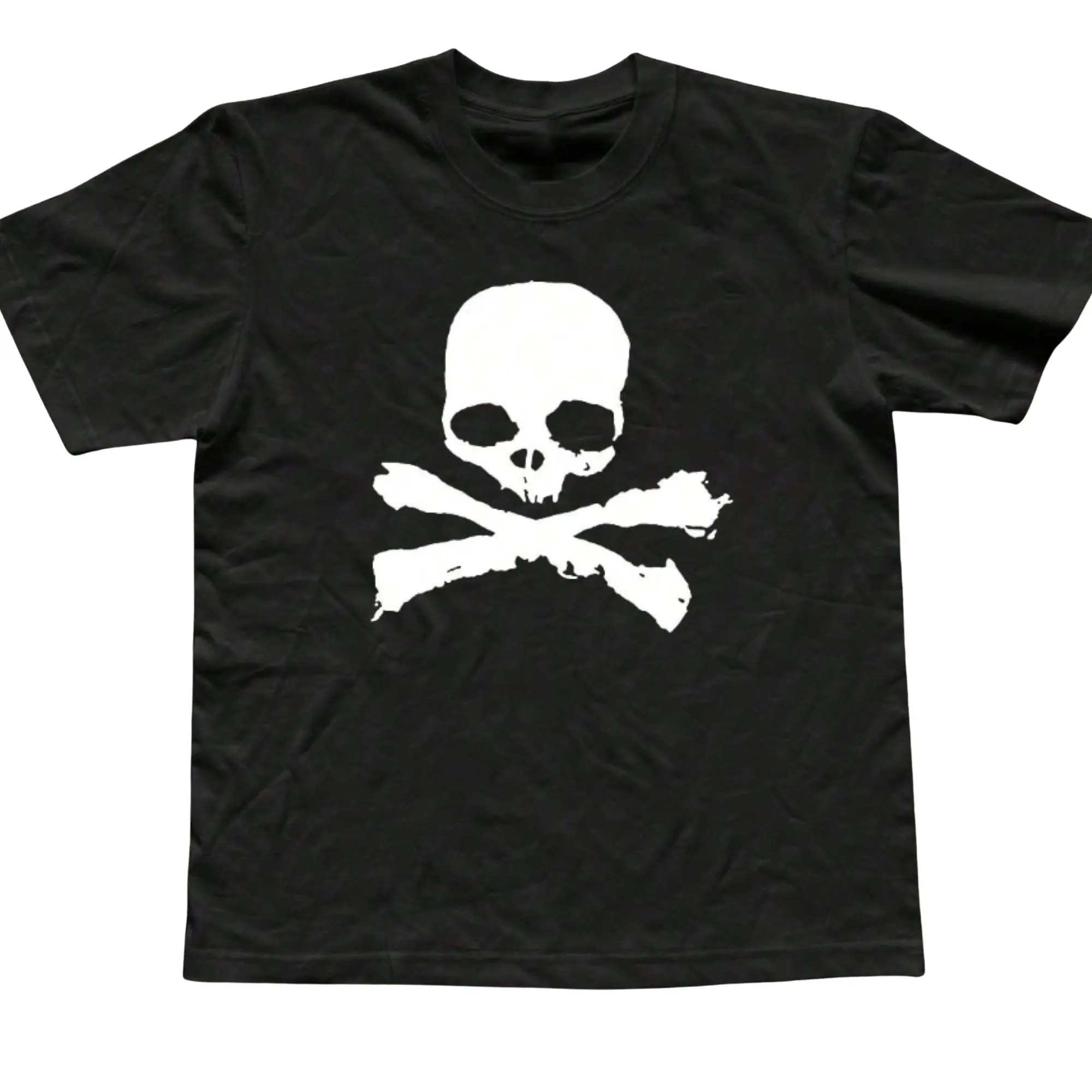 Classic Skull And Crossbones Pirate Graphic T-Shirt, Distressed High Contrast White Ink Skull Bones Stencil Print, Unisex Black Heavyweight Streetwear Tee, Minimalist Goth Outfit