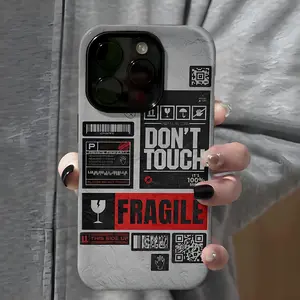 Fragile Warning Pattern Phone Case , Shockproof Rugged Cover Dual Layer Soft TPU Hard Bumper Shell for iPhone 11 12 13 14 15 16 Pro Max Plus Tough Protective