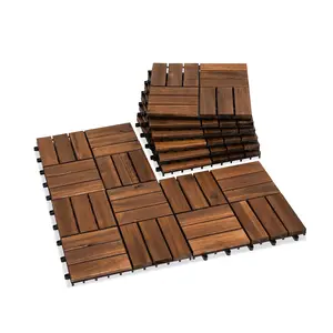 Acacia 12x12 Interlocking  Deck Tiles for Balcony, Garden, Patio, Poolside Decor -  Indoor & Outdoor Flooring - 12 Slats, Round Joints, Pack of 9, Brown Color