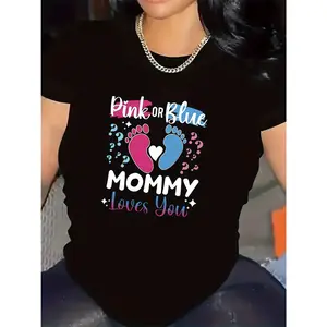 Polyester Short Sleeve T-Shirt For Maternity, Pink Or Blue Mommy Loves You Design, Ideal For Home Wear, Durable And Comfortable Fabric, Perfect For Living Room Use, Stylish And Lightweight Top For Casual Attire