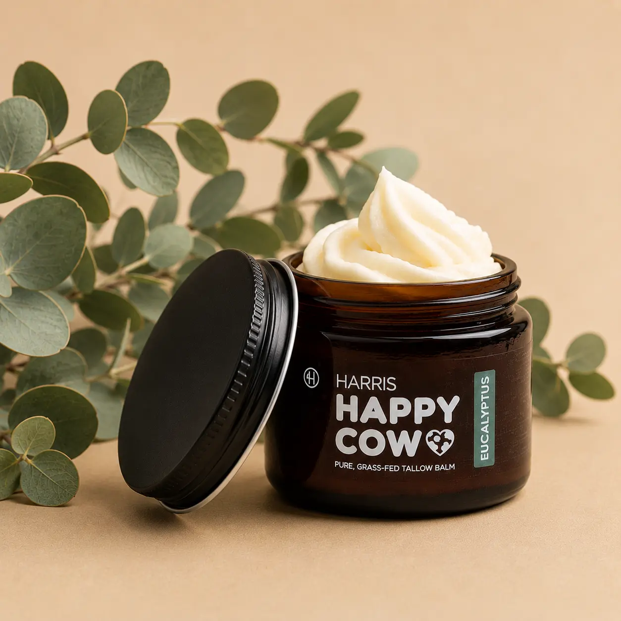 Harris Happy Cow Eucalyptus Grass-Fed Beef Tallow Moisturizer | Cooling Hydration for Dry Skin | Refreshing Eucalyptus Essential Oil | Handcrafted in Idaho | 2oz