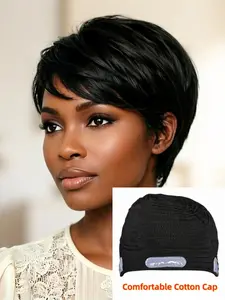 Straight Human Hair Material Glueless Attachment Wigs, Pixie Cut Short Wigs with Bangs, Ultra Soft & Comfortable Cotton Cap, Hair Trouble Friendly