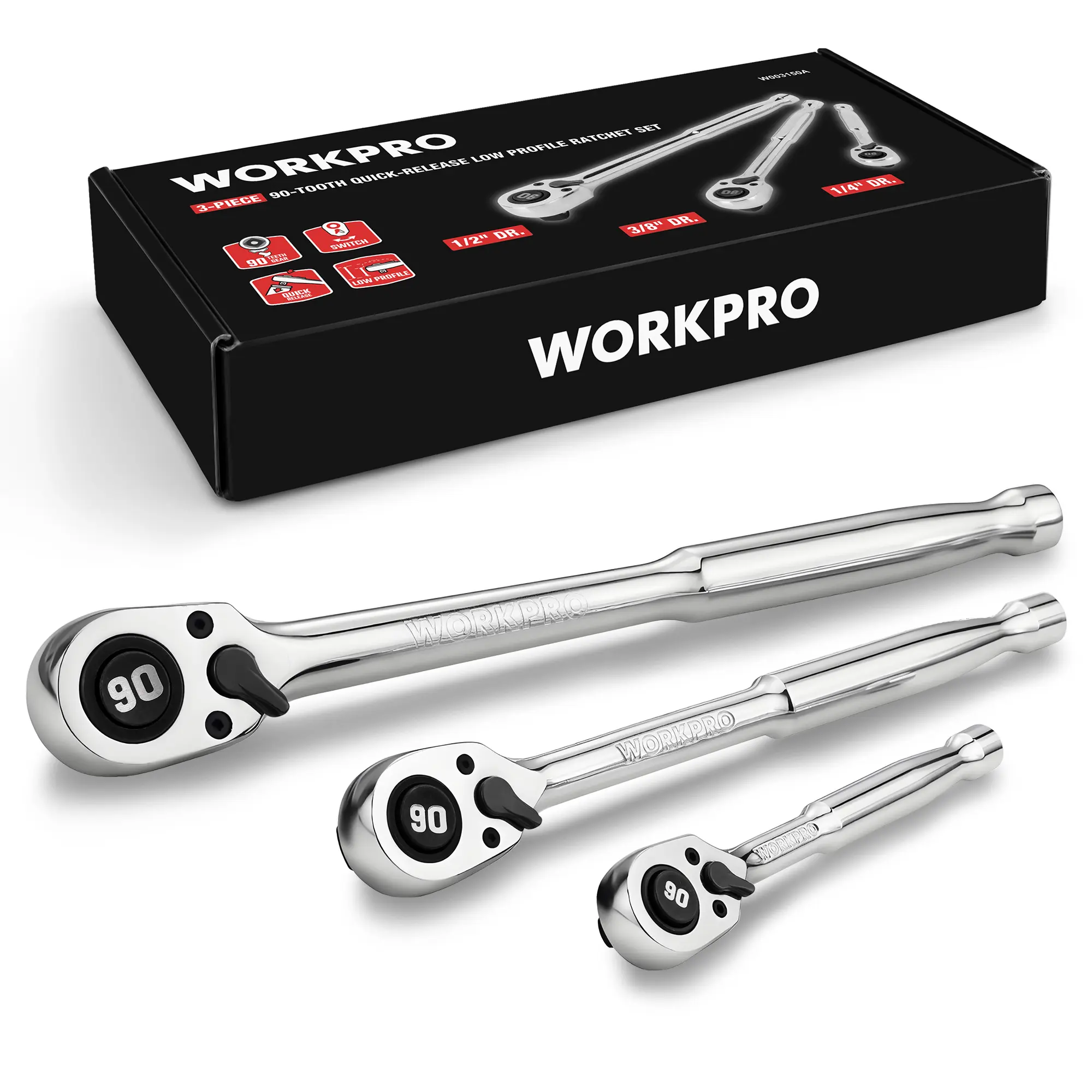 WORKPRO Low-Profile Drive Ratchet, 1/4", 3/8", 1/2" 90-Tooth Quick-Release Ratchet Wrench, Reversible, 4° Swing, CR-MO Compact Drive Head, Full Polished, Gifts for Men