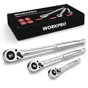 WORKPRO Low-Profile Drive Ratchet, 1/4", 3/8", 1/2" 90-Tooth Quick-Release Ratchet Wrench, Reversible, 4° Swing, CR-MO Compact Drive Head, Full Polished, Gifts for Men