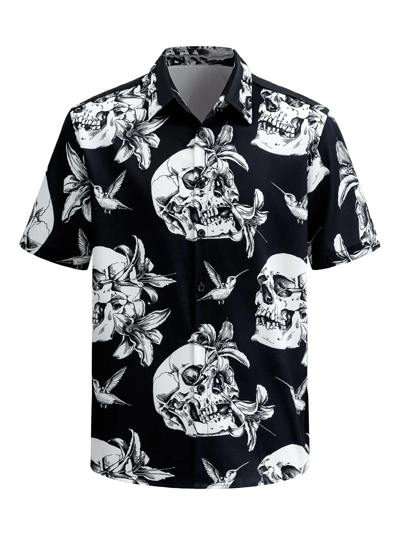 American Vintage Skull Print Casual Pattern Tropical Hawaiian Shirt, Unisex Couple Button Short Sleeve, Beach Vacation Essential, Beach Club Shirt, Casual Fitted Style, Casual Summer Tops
