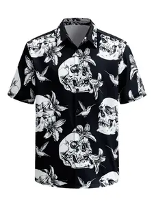 American Vintage Skull Print Hawaiian Shirt, Unisex Couple Button Short Sleeve, Beach Vacation Essential, Casual Fitted Style