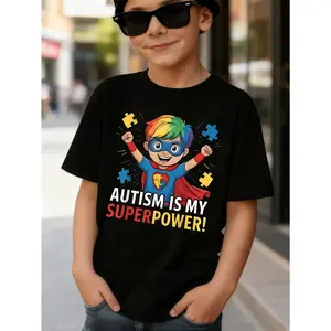Silk Milk Fabric Boy and Girl Style "Autism Is My Superpower "Superhero Themed T Shirt Red Color Comic Pattern Soft Casual Everyday Tee for Kids Neurodiversity Awareness Acceptance Gift for Autistic Boys Girls Youth