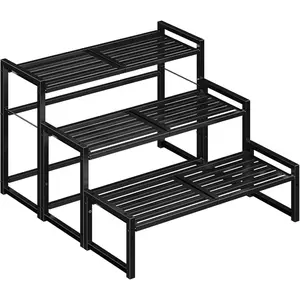 3-Tier  Stand Indoor Outdoor, Heavy Duty Stackable  Shelf - Tall  Flower Pot Holder Rack for Garden, Patio, Balcony, Porch - Black
