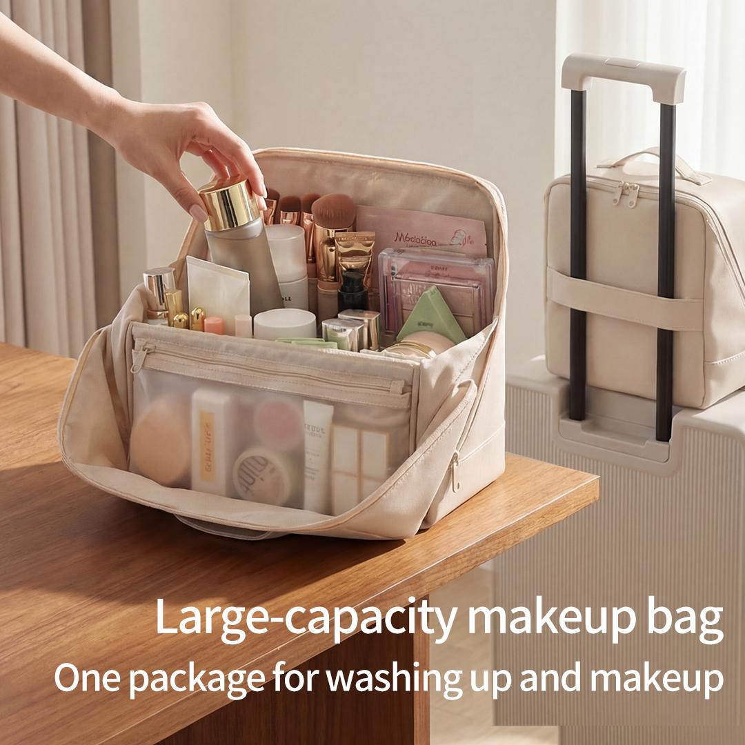 Waterproof Leather Makeup Bag for Travel, Clean Girl Vanity Organizer with Luggage Strap