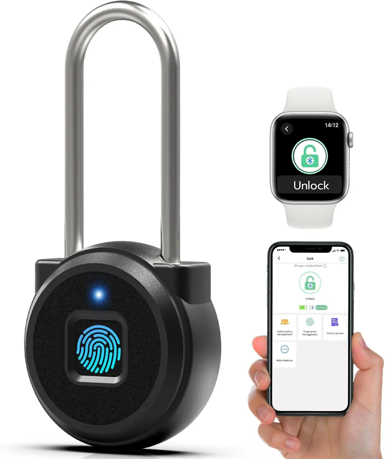 Digital Fingerprint Bluetooth App Lock with 2.1'' Shackle Handle - Waterproof Outdoor Door & Cabinet Lock, Gym Security Storage Solution with Charging Function for School Lockers